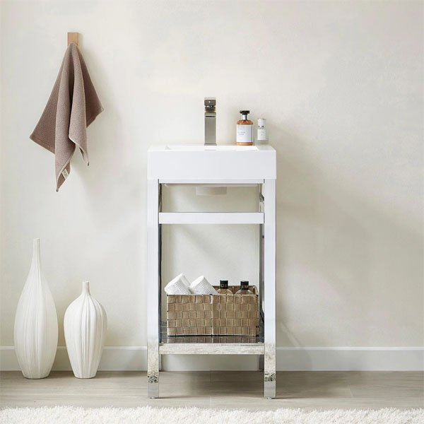 Metal Support and White One-Piece Composite Stone Sink Top - polish chrome